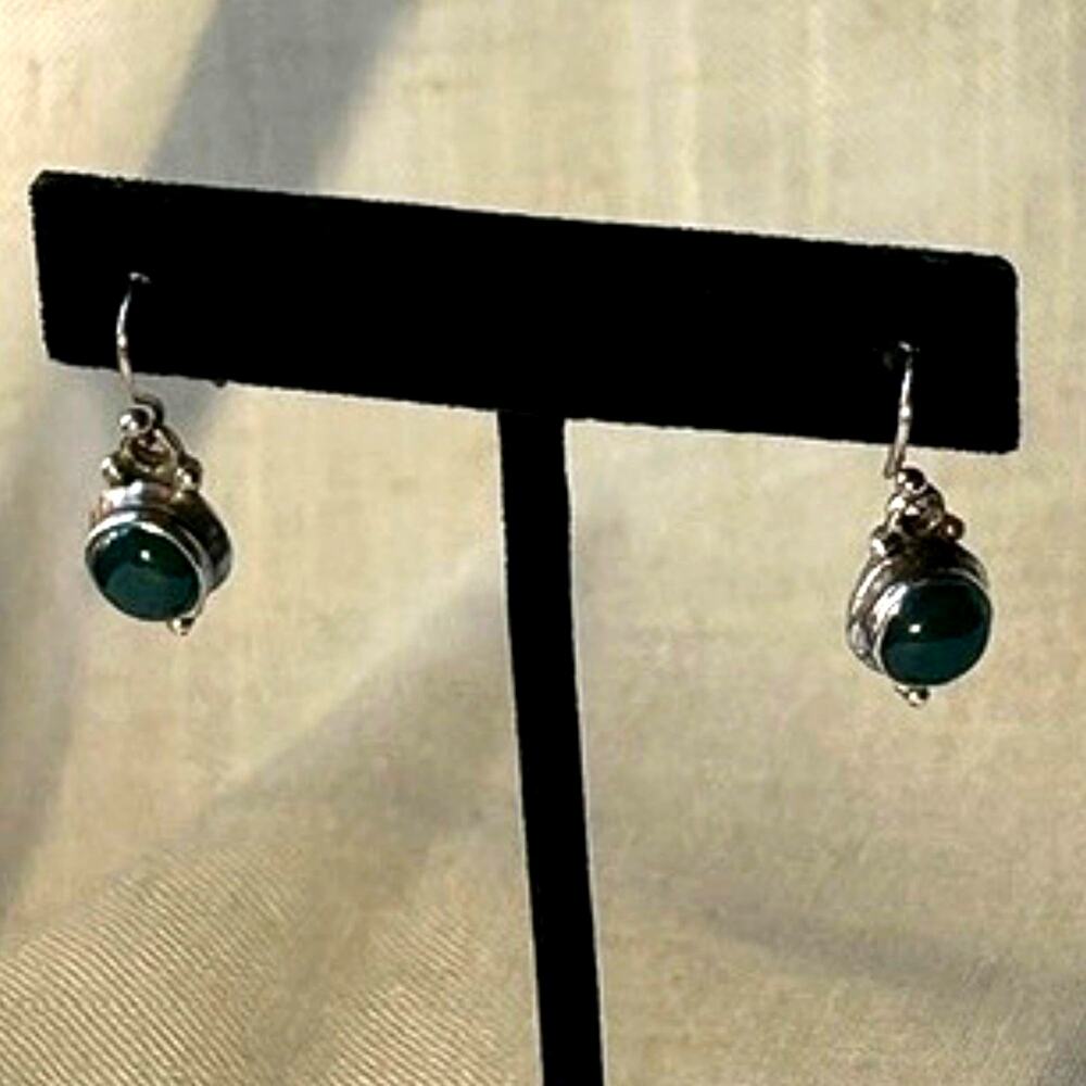 Sterling Silver Green Onyx Drop Earrings Cabochon 925 - Picture 3 of 11